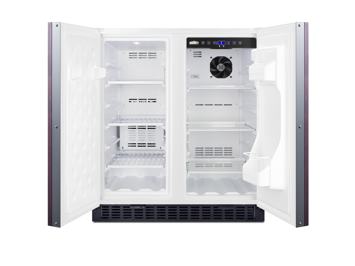 Frost-free side-by-side refrigerator-freezer for built-in or freestanding use with white cabinet, panel-ready doors, door storage, and digital controls